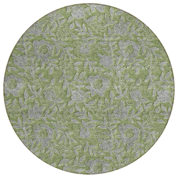HomeRoots 5' Indoor Outdoor Area Rug in Olive Green and Gray Floral Design - Durable, Washable, Versatile Charm 8' Round 586284