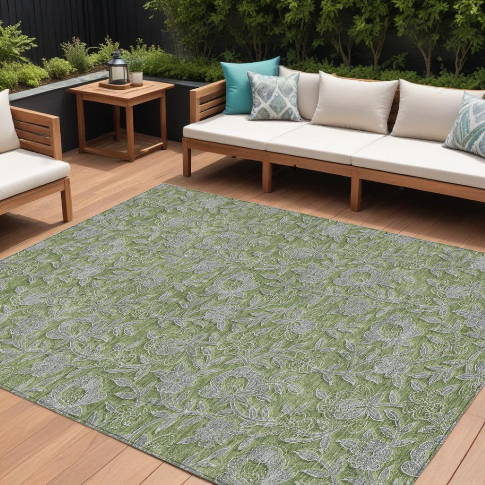 HomeRoots 5' Indoor Outdoor Area Rug in Olive Green and Gray Floral Design - Durable, Washable, Versatile Charm 10' X 14' 586287