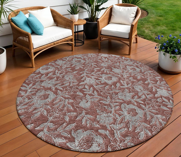 Homeroots 3' Elegant Blue Gray Charcoal Floral Washable Area Rug For Indoor Or Outdoor Spaces, Durable Design 8' Round Polyester 586290