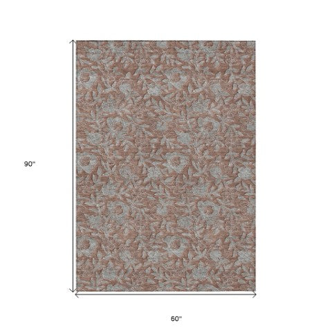 Homeroots 3' Elegant Blue Gray Charcoal Floral Washable Area Rug For Indoor Or Outdoor Spaces, Durable Design 5' X 8' Polyester 586295