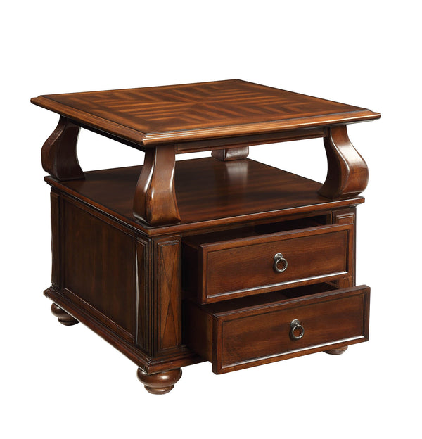 English Elm Walnut 2-Drawer End Table with Open Shelf, Rich Finish, Round Bun Legs for Stylish Storage and Charm B062P209058