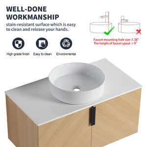 English Elm 36" Modern Wall-Mounted Bathroom Vanity With Ceramic Vessel Sink & Soft-Close Doors For Stylish Space W999S00448