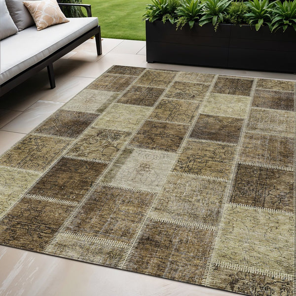 Homeroots 3' Brown Beige And Taupe Patchwork Washable Area Rug - Perfect For Indoor And Outdoor Spaces! 5' X 8' Polyester 586307