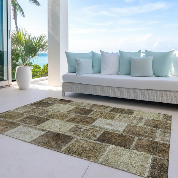 Homeroots 3' Brown Beige And Taupe Patchwork Washable Area Rug - Perfect For Indoor And Outdoor Spaces! 8' X 10' Polyester 586309