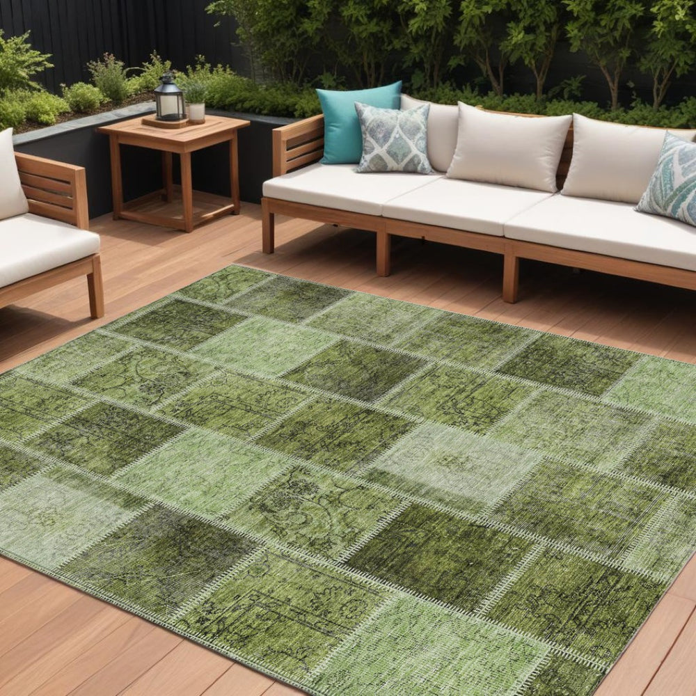 HomeRoots 5' Stylish Olive Green Patchwork Area Rug for Indoor & Outdoor Use - Durable, Washable, Non-Slip Design 8' X 10' 586321