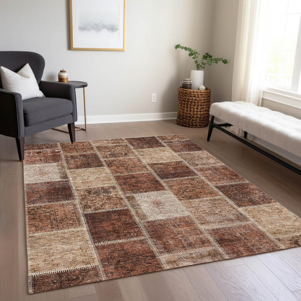Homeroots 3' Brown Beige And Taupe Patchwork Washable Area Rug - Perfect For Indoor And Outdoor Spaces! 3' X 5' Polyester 586324