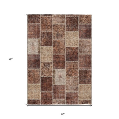 Homeroots 3' Brown Beige And Taupe Patchwork Washable Area Rug - Perfect For Indoor And Outdoor Spaces! 5' X 8' Polyester 586325