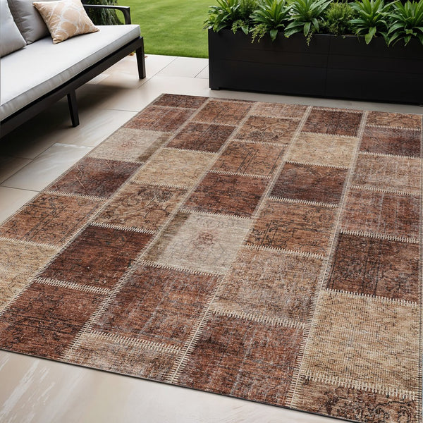 Homeroots 3' Brown Beige And Taupe Patchwork Washable Area Rug - Perfect For Indoor And Outdoor Spaces! 5' X 8' Polyester 586325