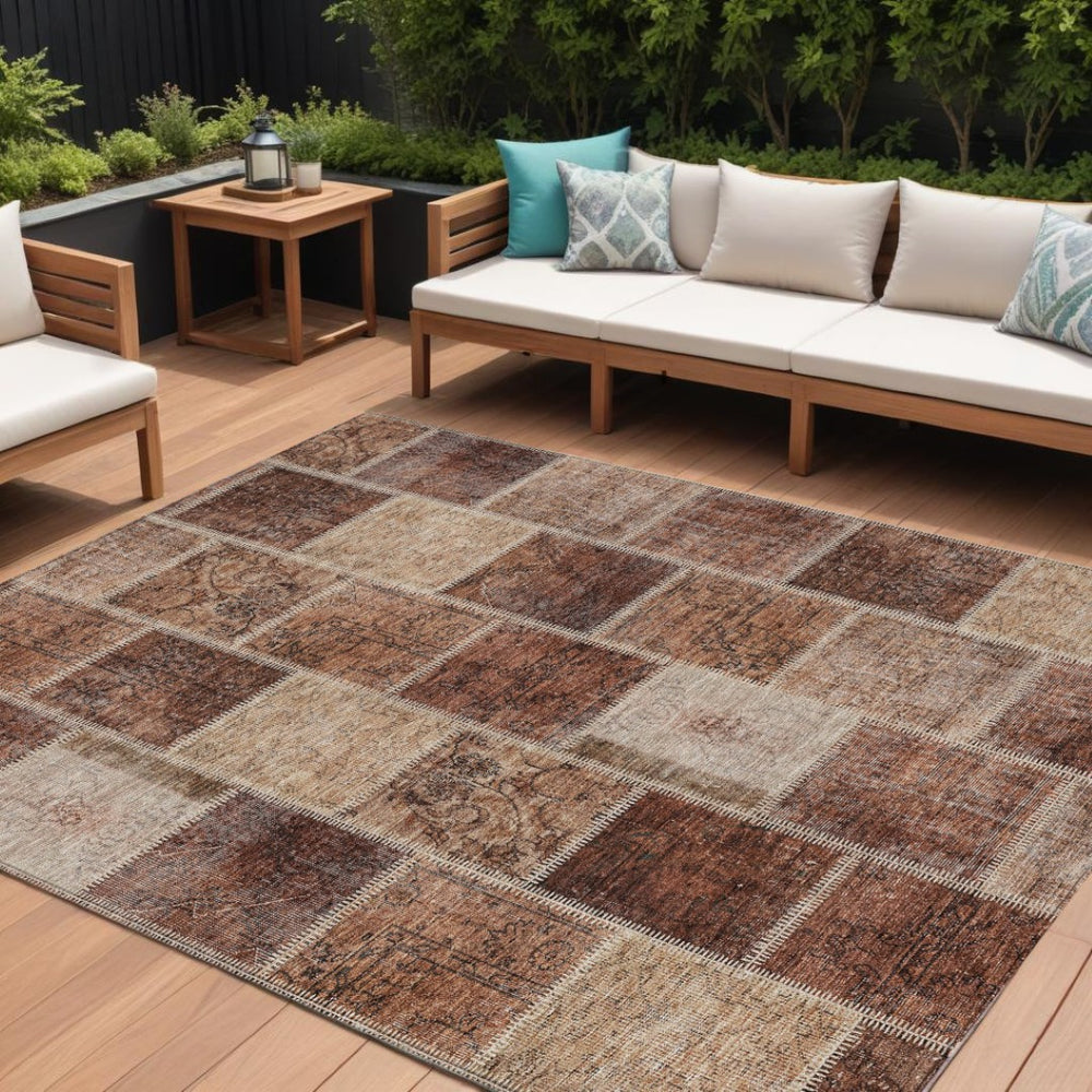 HomeRoots 9' Orange Copper and Beige Patchwork Area Rug - Washable Indoor/Outdoor Style for Versatile Spaces 9' X 12' 586328