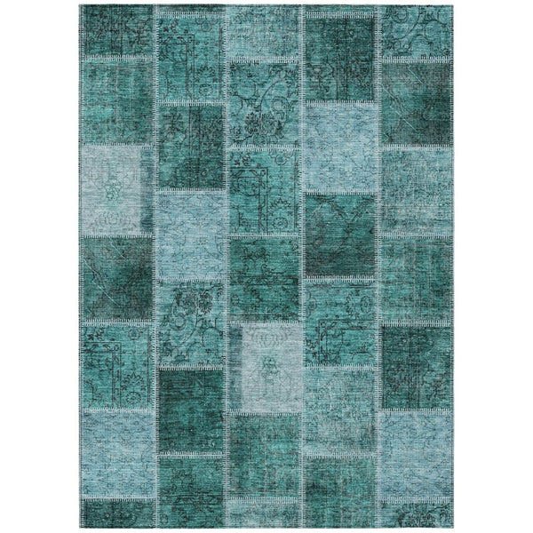 HomeRoots 5' Contemporary Teal Blue Aqua Charcoal Patchwork Washable Area Rug for Indoor and Outdoor Use 5' X 8' 586331