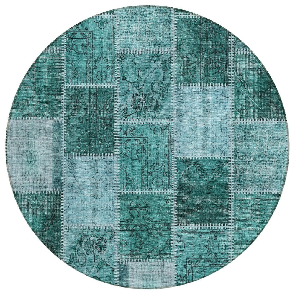 HomeRoots 5' Contemporary Teal Blue Aqua Charcoal Patchwork Washable Area Rug for Indoor and Outdoor Use 8' Round 586332