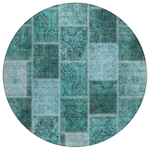 HomeRoots 5' Contemporary Teal Blue Aqua Charcoal Patchwork Washable Area Rug for Indoor and Outdoor Use 8' Round 586332
