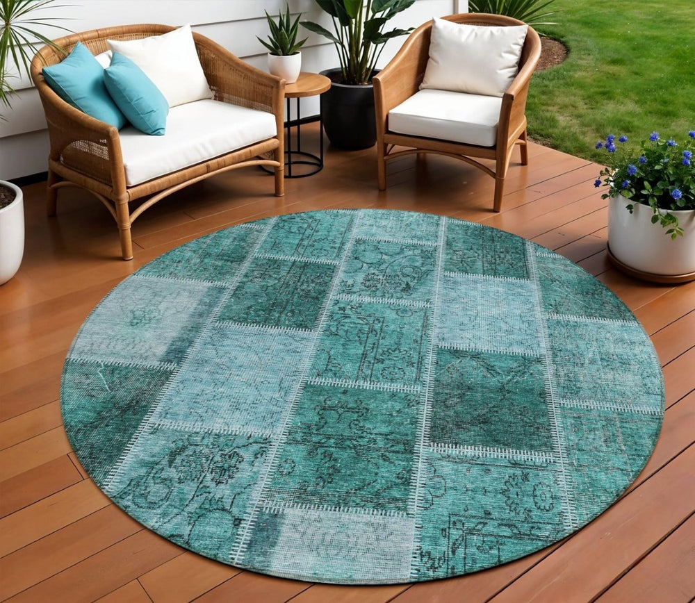 HomeRoots 5' Contemporary Teal Blue Aqua Charcoal Patchwork Washable Area Rug for Indoor and Outdoor Use 8' Round 586332