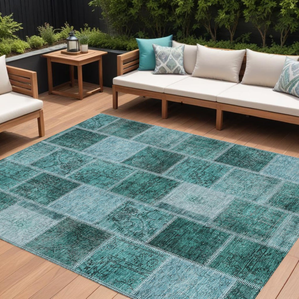 HomeRoots 9' Stylish Teal Blue Aqua and Charcoal Patchwork Indoor-Outdoor Rug - Durable, Washable & Versatile 9' X 12' 586334