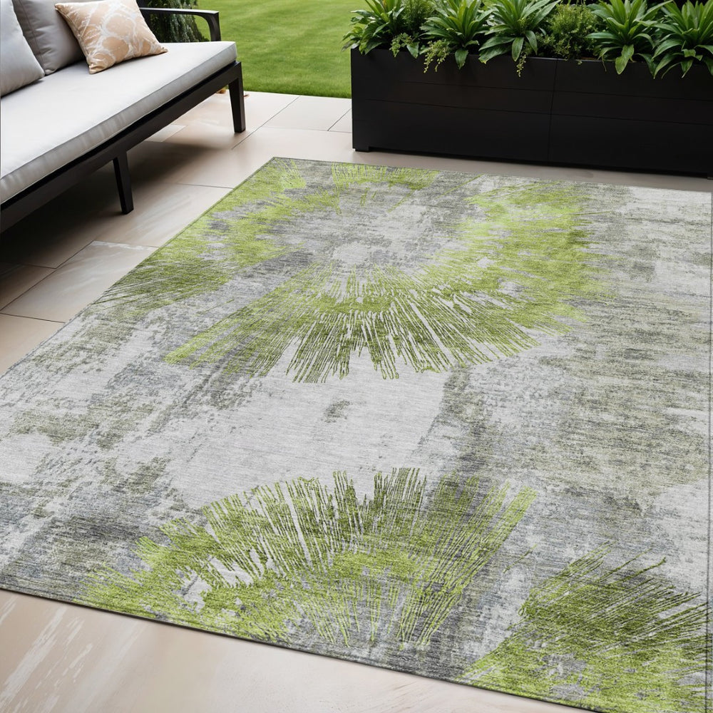 HomeRoots 5' Stylish Artichoke Green Gray Charcoal Abstract Area Rug – Durable, Washable Indoor/Outdoor Decor 5' X 8' 586337