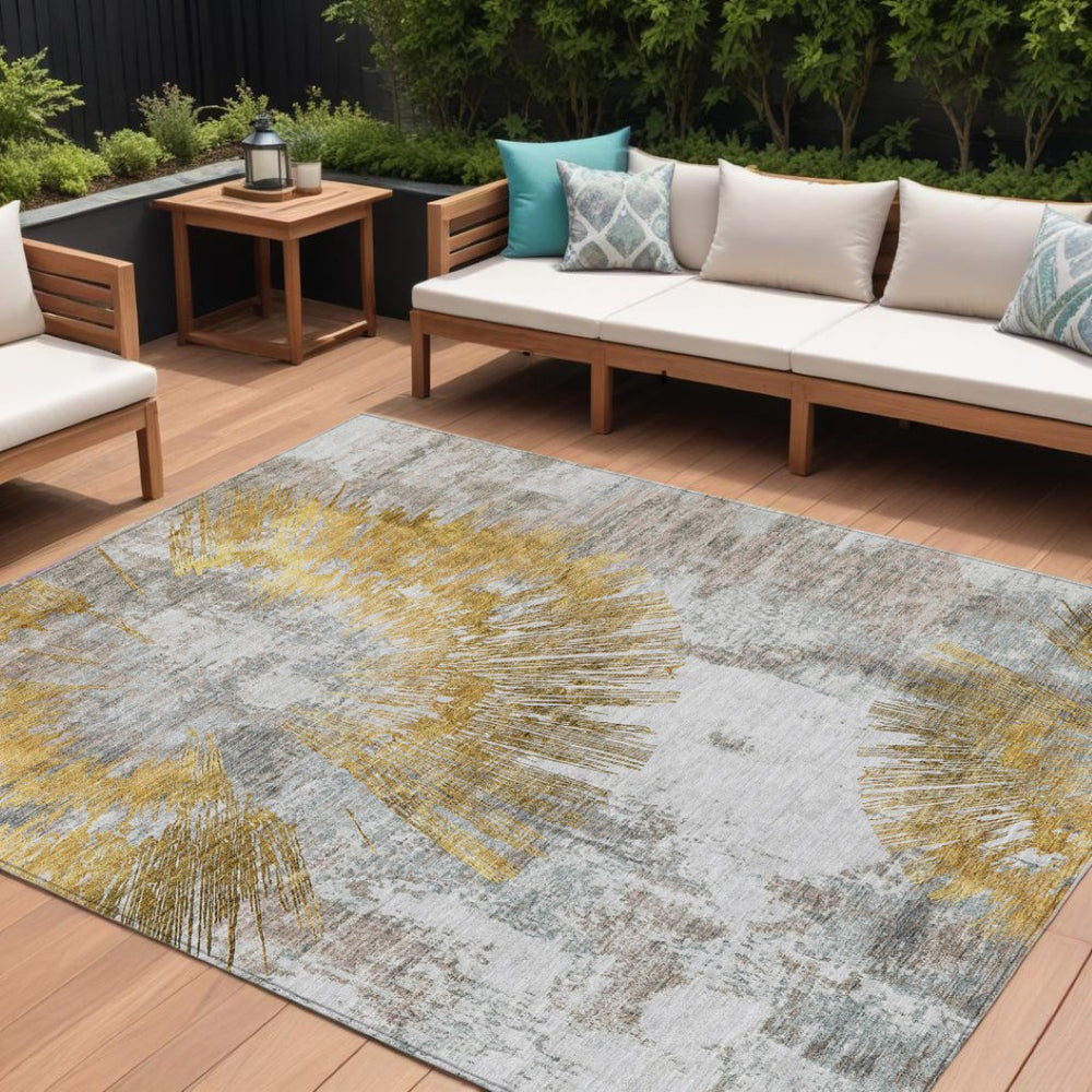 HomeRoots 5' Abstract Gold Beige and Ivory Washable Area Rug for Indoor and Outdoor Elegance & Durability 8' X 10' 586351