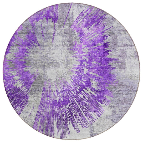 HomeRoots 5' Abstract Washable Area Rug in Purple, Gray & Charcoal - Durable, Stylish for Indoor & Outdoor Use 8' Round 586356