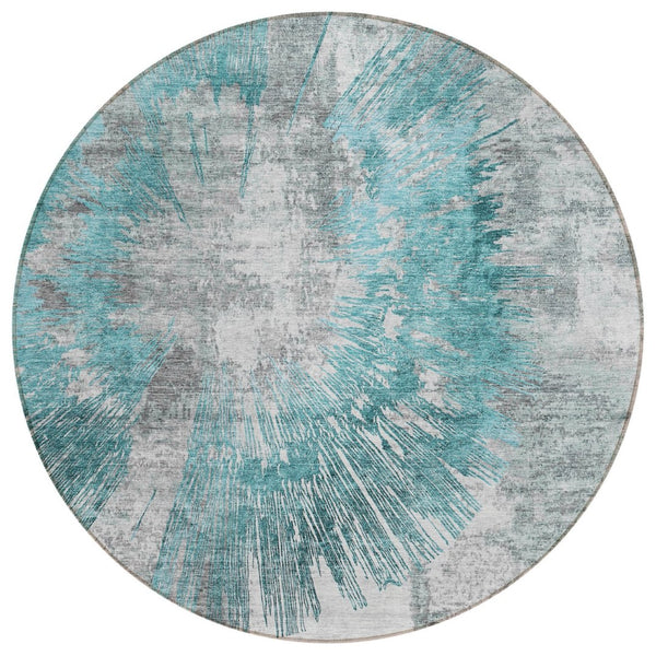 HomeRoots 5' Abstract Teal Aqua Gray Indoor Outdoor Area Rug – Durable, Washable, Slip-Resistant Design for Versatile Spaces 8' Round 586362