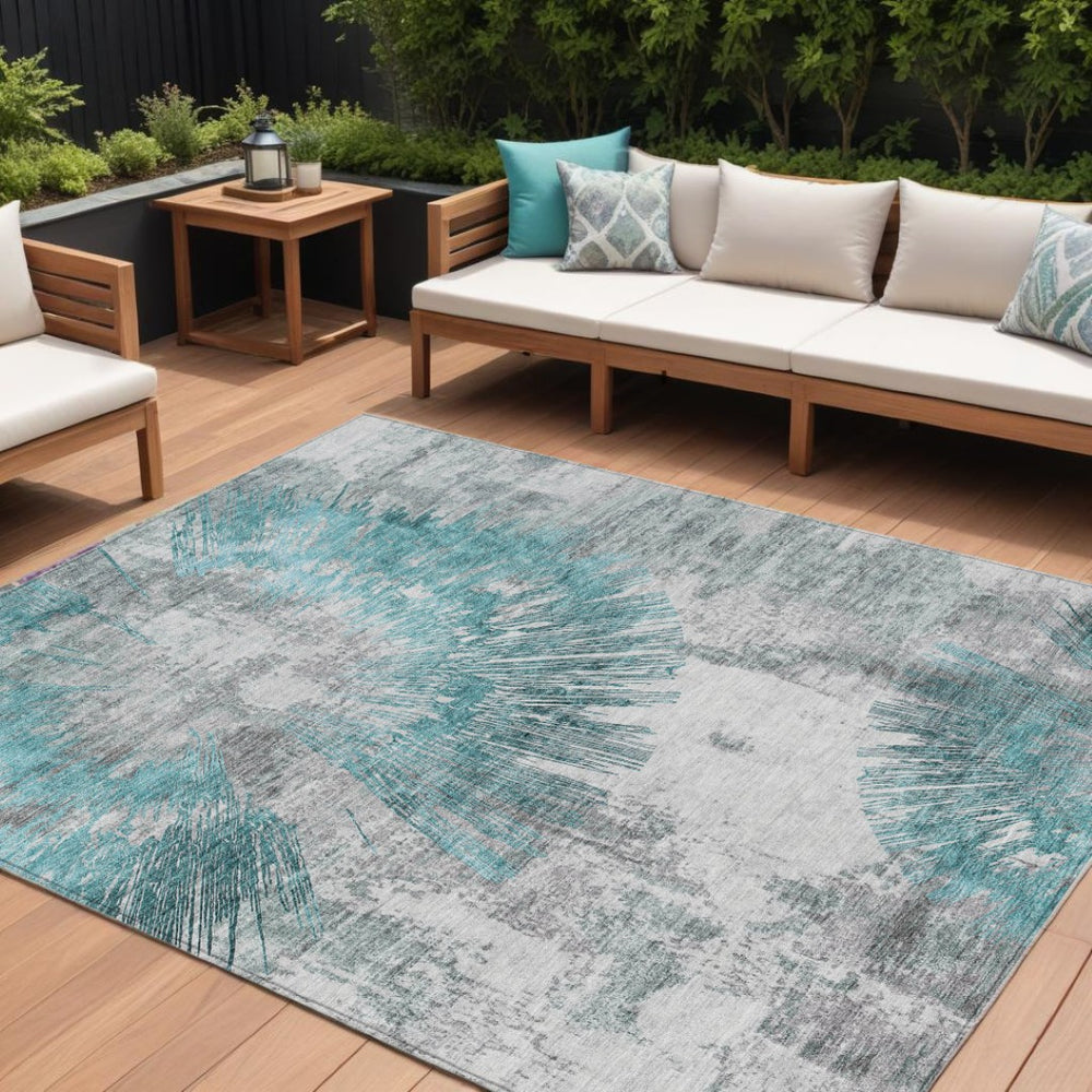 HomeRoots 5' Abstract Teal Aqua Gray Indoor Outdoor Area Rug – Durable, Washable, Slip-Resistant Design for Versatile Spaces 10' X 14' 586365