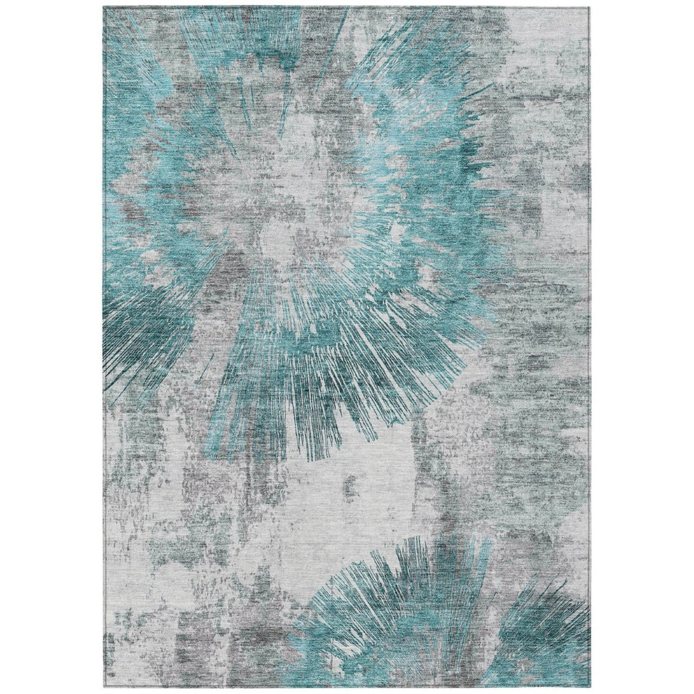 HomeRoots 5' Abstract Teal Aqua Gray Indoor Outdoor Area Rug – Durable, Washable, Slip-Resistant Design for Versatile Spaces 10' X 14' 586365