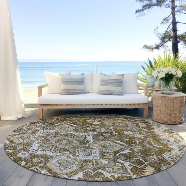 Homeroots 3' Durable Brown Beige Taupe Oriental Washable Area Rug For Indoor And Outdoor Spaces, 36" X 60" 8' Round Polyester 586380