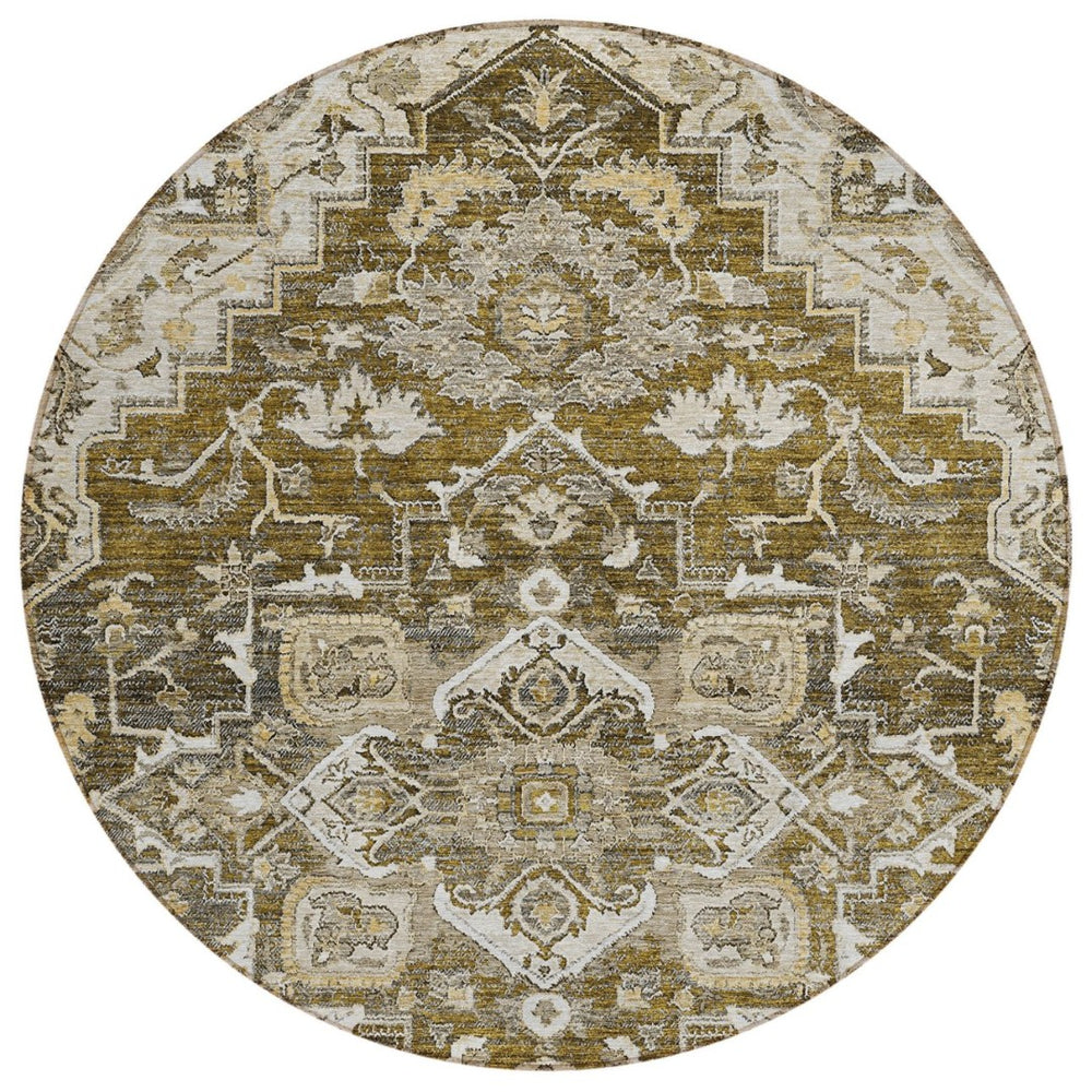 HomeRoots 5' Timeless Oriental Washable Area Rug in Brown, Beige, and Taupe for Indoor and Outdoor Elegance 8' Round 586380