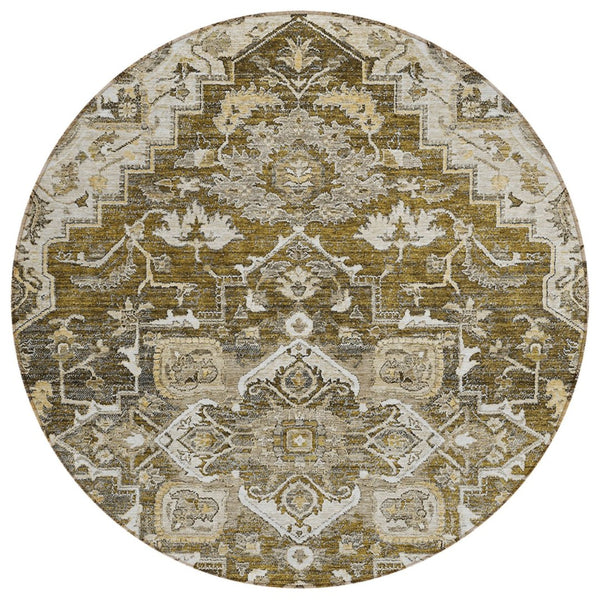 HomeRoots 5' Timeless Oriental Washable Area Rug in Brown, Beige, and Taupe for Indoor and Outdoor Elegance 8' Round 586380