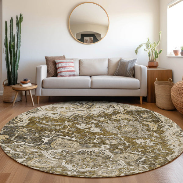 Homeroots 3' Durable Brown Beige Taupe Oriental Washable Area Rug For Indoor And Outdoor Spaces, 36" X 60" 8' Round Polyester 586380