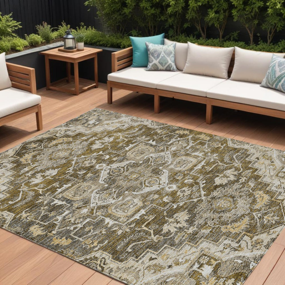 HomeRoots 9' Elegant Oriental Washable Area Rug in Brown, Beige, and Taupe for Indoor or Outdoor Use 9' X 12' 586382