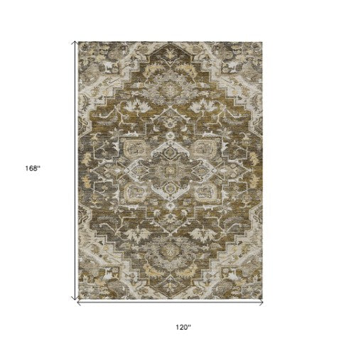 Homeroots 3' Durable Brown Beige Taupe Oriental Washable Area Rug For Indoor And Outdoor Spaces, 36" X 60" 10' X 14' Polyester 586383