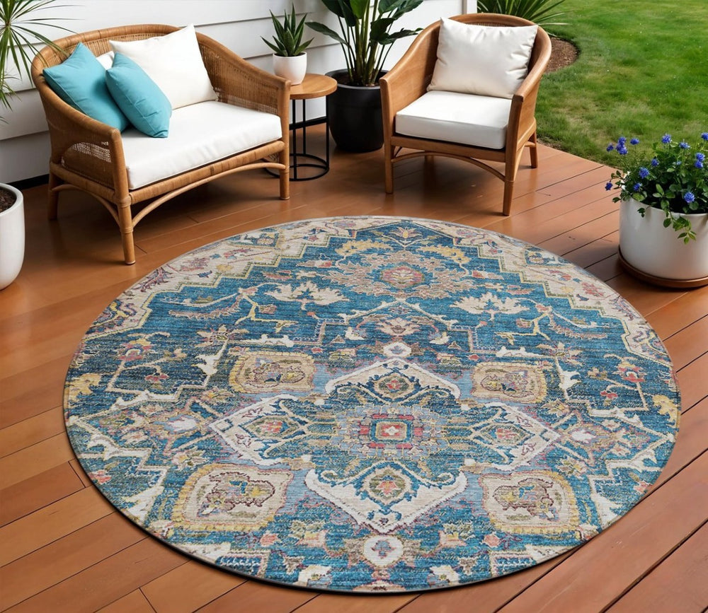HomeRoots 5' Timeless Blue Beige Gold Oriental Area Rug – Durable, Washable, Indoor/Outdoor Versatility 8' Round 586386