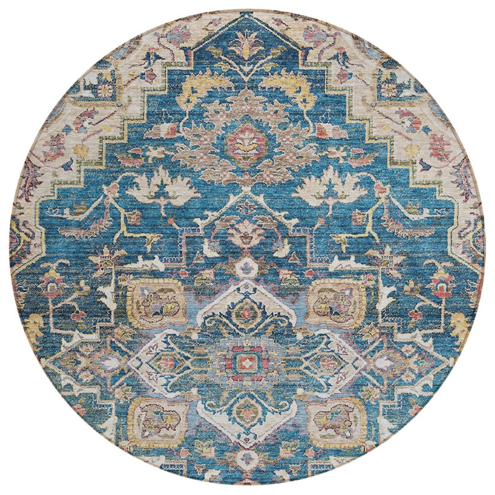 HomeRoots 5' Timeless Blue Beige Gold Oriental Area Rug – Durable, Washable, Indoor/Outdoor Versatility 8' Round 586386