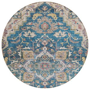 HomeRoots 5' Timeless Blue Beige Gold Oriental Area Rug – Durable, Washable, Indoor/Outdoor Versatility 8' Round 586386