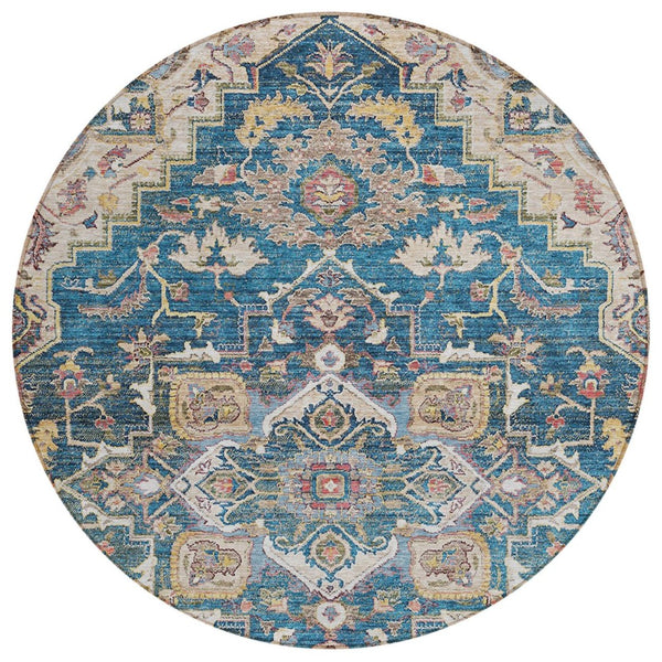 HomeRoots 5' Timeless Blue Beige Gold Oriental Area Rug – Durable, Washable, Indoor/Outdoor Versatility 8' Round 586386