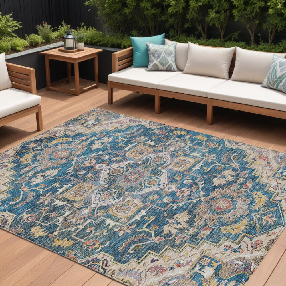 HomeRoots 9' Elegant Blue Beige Gold Oriental Area Rug - Durable, Washable, Indoor/Outdoor Style for Home Decor 9' X 12' 586388