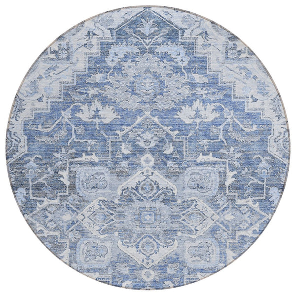 HomeRoots 5' Stylish Denim Blue & Sky Blue Oriental Rug - Durable, Washable for Indoor & Outdoor Spaces 8' Round 586392