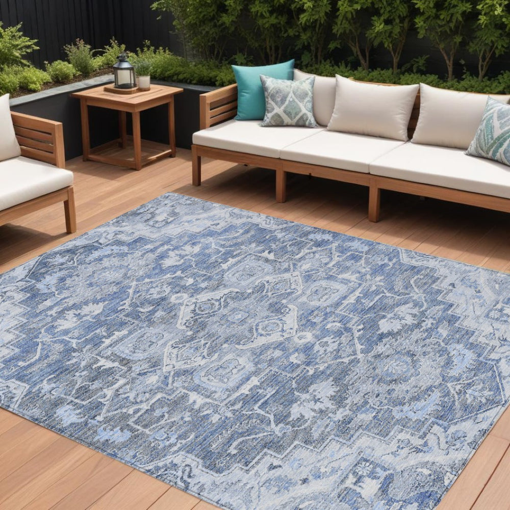 HomeRoots 5' Stylish Denim Blue & Sky Blue Oriental Rug - Durable, Washable for Indoor & Outdoor Spaces 8' X 10' 586393
