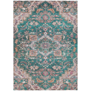 HomeRoots 5' Emerald Teal Blue and Beige Oriental Washable Indoor Outdoor Area Rug for Stylish Living Spaces 5' X 8' 586397