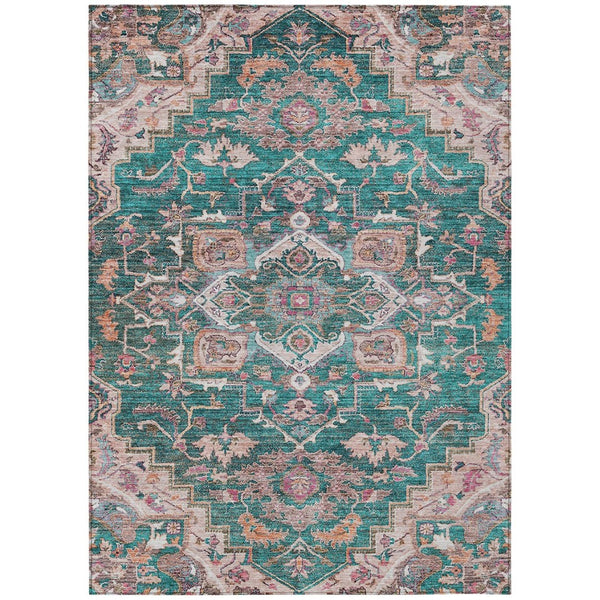 HomeRoots 5' Emerald Teal Blue and Beige Oriental Washable Indoor Outdoor Area Rug for Stylish Living Spaces 5' X 8' 586397