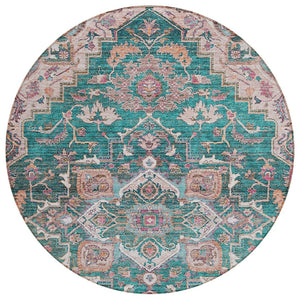 HomeRoots 5' Emerald Teal Blue and Beige Oriental Washable Indoor Outdoor Area Rug for Stylish Living Spaces 8' Round 586398