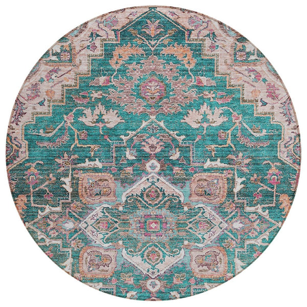 HomeRoots 5' Emerald Teal Blue and Beige Oriental Washable Indoor Outdoor Area Rug for Stylish Living Spaces 8' Round 586398