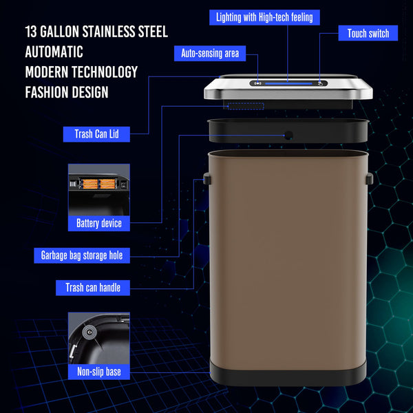 English Elm 50L Smart automatic Trash Can with Silent Slow-Close Lid, Motion Sensor, Durable 0.45mm Steel Body Brown W1550P247980