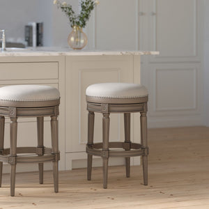 English Elm 31in. Swivel Barstool Faux Leather Seat Nailhead Trim Carved Walnut Frame Kitchen Bar Gray B2751P436439