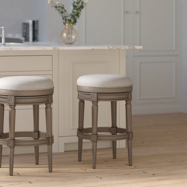 English Elm 31in. Swivel Barstool Faux Leather Seat Nailhead Trim Carved Walnut Frame Kitchen Bar Gray B2751P436439