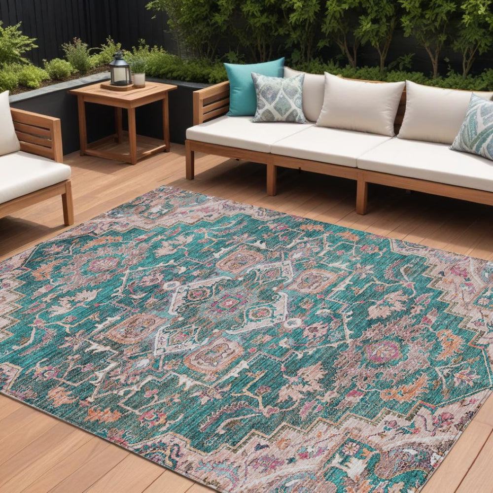 HomeRoots 9' Elegant Emerald Teal Blue and Beige Oriental Washable Area Rug for Indoor Outdoor Spaces 9' X 12' 586400