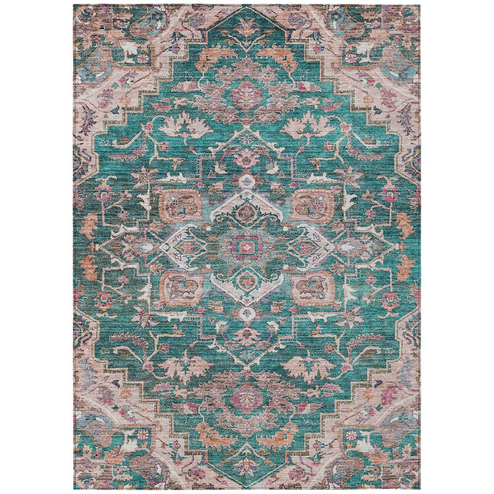 HomeRoots 9' Elegant Emerald Teal Blue and Beige Oriental Washable Area Rug for Indoor Outdoor Spaces 9' X 12' 586400