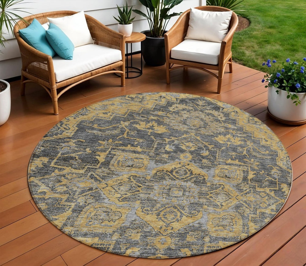 HomeRoots 5' Elegant Gray Charcoal and Silver Oriental Washable Area Rug for Indoor and Outdoor Spaces 8' Round 586404