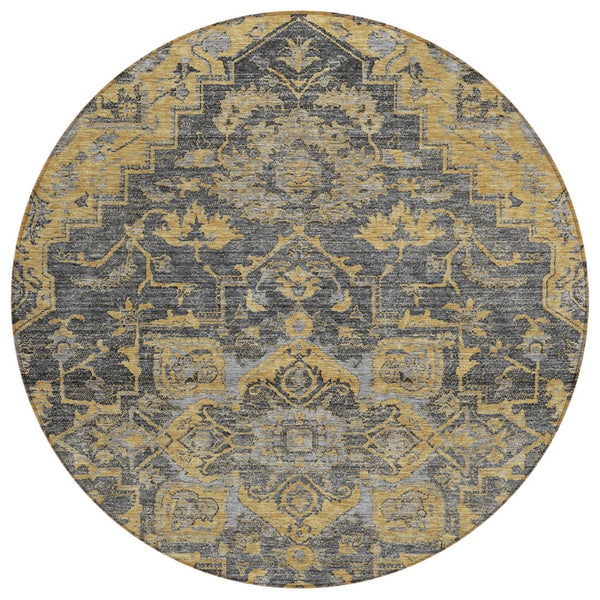 HomeRoots 5' Elegant Gray Charcoal and Silver Oriental Washable Area Rug for Indoor and Outdoor Spaces 8' Round 586404