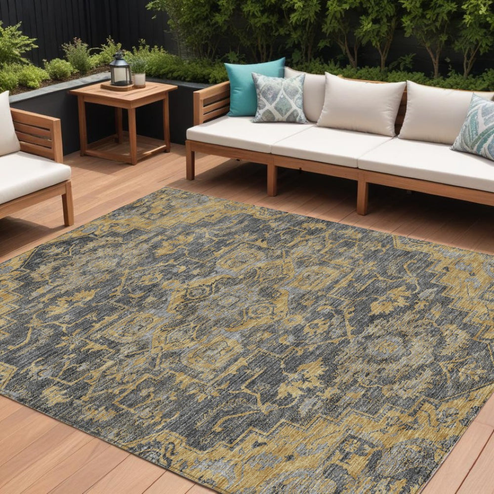 HomeRoots 9' Gray Charcoal and Silver Oriental Washable Area Rug - Durable, Stylish for Indoor and Outdoor Use 9' X 12' 586406