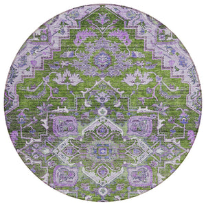 HomeRoots 5' Elegant Olive Green and Purple Oriental Washable Area Rug for Indoor and Outdoor Spaces 8' Round 586410